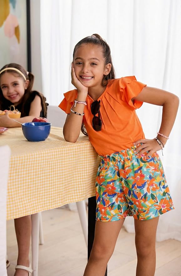 Arshiner Girls 2 Piece Outfits Summer Ruffle Sleeve Top and Paperbag Waist Shorts Set with Pockets Size 5-13 Years