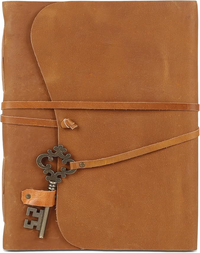 Leather Journal with Deckle Edge Paper 8x6 inch and Vintage Key | Handmade Writing Notebook Diary | Bound Daily Notepad for Men & Women Medium, Sketch/Writing pad for Artists