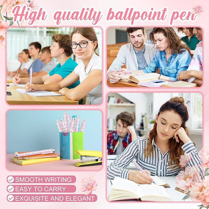 Resurhang 30 Pcs Pink and White Floral Ballpoint Pens 0.5 mm Black Ink Chinoiserie Gel Pens Vintage Aesthetic Retractable Ballpoint Office School Supplies for Bridal Baby Shower Wedding