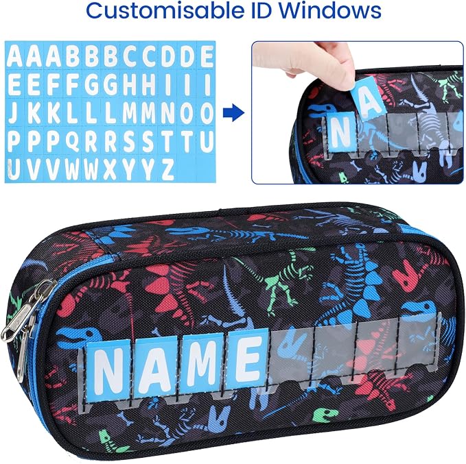 Cambond Pencil Case for Boys - School Pencil Pouch Kids, Black Dinosaur | Cute Pencil Case for Kids With Name Card and Slot, Boys Aesthetic Shool Supplies for Staionary, Water-Resistent Pen Bag