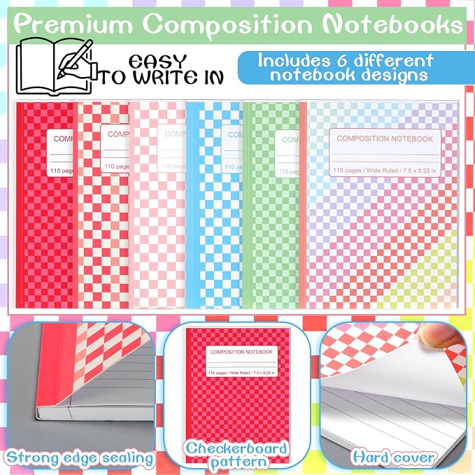 Fullhawl 6 Pcs Composition Notebook Wide Ruled Cute Preppy Colorful Checkered Aesthetic Notebook for Back to School 110 Page 9-3/4 x 7-1/2" Journal Gift for First Day of School, Student, Teacher Check