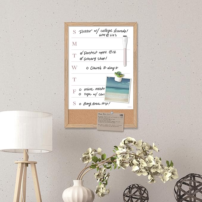 U Brands Framed Magnetic Weekly Dry Erase Calendar Combo Board, 16"x11", Wood Style Frame, Includes Magnetic Dry Erase Marker with Eraser Top, Succulent Magnet, and 2 Push Pins