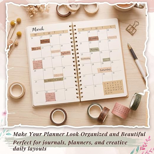 Chuangdi 9 Rolls Calendar Washi Tape Set Day Week Month Number Vintage Calendar Date Washi Masking Tape Decorative Patterned Marking for Arts Crafts Journal Planner (Pink, Green, Brown, Light Brown)