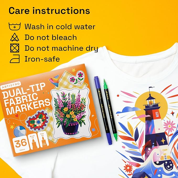 ARTISTRO 36 Dual-Tip Fabric Markers - Fabric Decorating Kit - Permanent for Clothes - No Bleed Pens for T-Shirts, Bags, Textile, Canvas, and More (Brush Tip and Fine Tip)