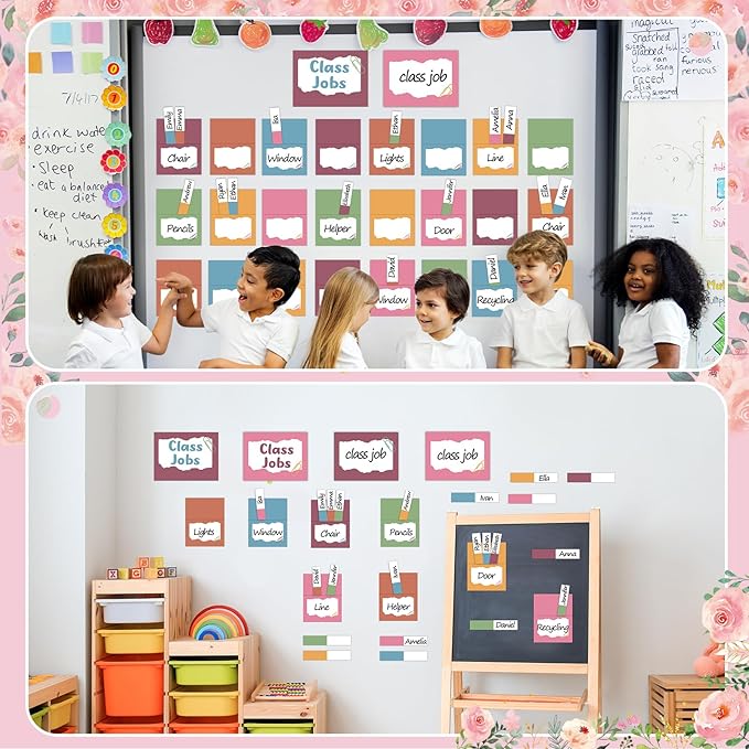 112Pcs Class Jobs Chart for Classroom Colorful Boho Classroom Job Bulletin Board Set Back to School Class Management Educational Teacher's Helper Pocket Chart Posters Cards Chalkboard Decor School Sup