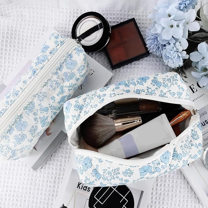 URSKYTOUS 2Pcs Floral Makeup Bag for Women Cotton Quilted Small Coquette Cosmetic Bag Cute Zipper Blue Flower Makeup Pouch Aesthetic Portable Pencil Case Travel Toiletry Bag Trendy Cloth Skincare Bag