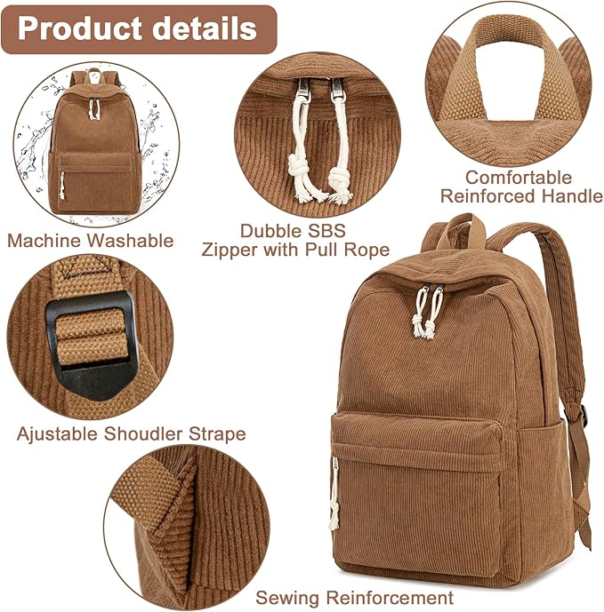 BTOOP School Backpack for Teens Large Corduroy Bookbag Lightweight 15.6 inch Laptop Bag for Girls Women Casual High School College