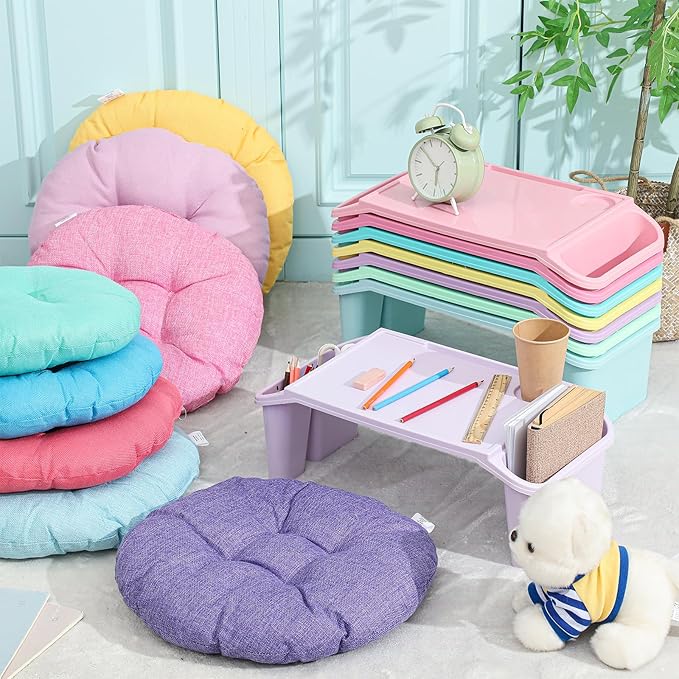 Supervitae 16 Pcs Kids' Lap Desk and Classroom Floor Cushions Set, Including Stackable Lap Tray 19.7 x 14.8 x 7.7'' & Floor Pillow 16'' for Classroom Kindergarten Daycare Nursery (Light Colors)
