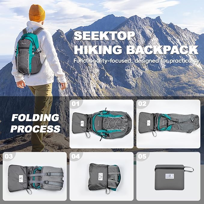 Seektop Packable Waterproof Hiking Backpack, 20L Lightweight Daypack | Tear-Resistant Nylon Material, Multi-Compartment Storage, Ultralight Small Foldable Travel Hiking Daypack for Men & Women