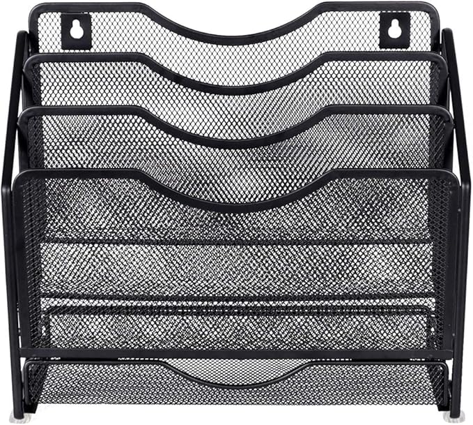 EasyPAG Mesh Desk Paper Organizer Wall Hanging File Holder with 3 Upright File Organizer and Sliding Drawer,Black