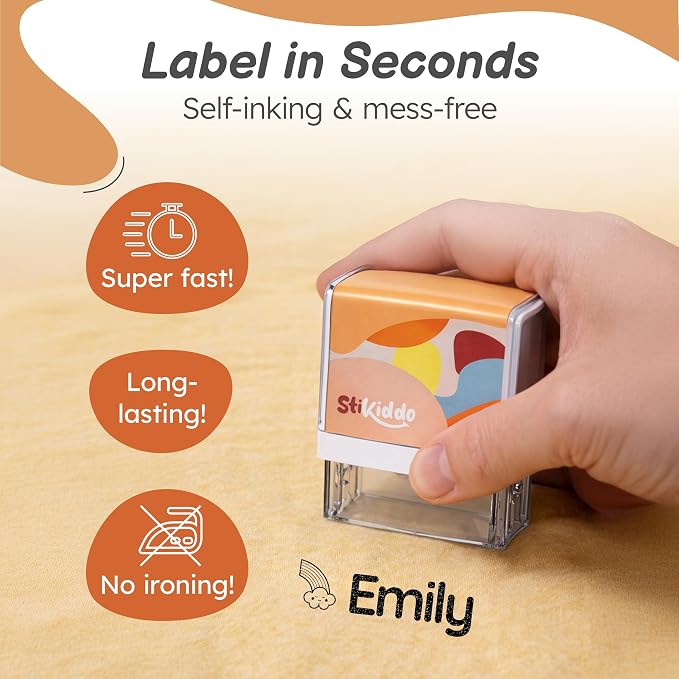 StiKiddo® Personalized Name Stamp for Clothing Kids Waterproof, Custom Name Stamp for Clothes, Paper & School Supplies, Customizable Fabric Stamp with Permanent & Waterproof Ink