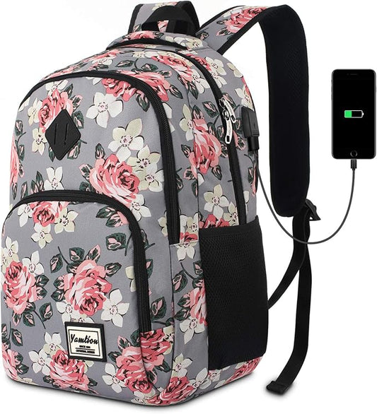 YAMTION Backpack for Women,School Backpack for Teen Girls College Backpack with USB Charging Port,Gray-Flower