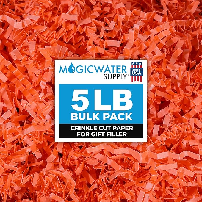 MagicWater Crinkle Cut Paper for Gift Baskets - 5LB - Orange - Perfect for Shredded Paper Filler, Basket Filler, Gift Boxes, Bridesmaid Gifts, Christmas Stuffers & More – Ideal for All Occasions