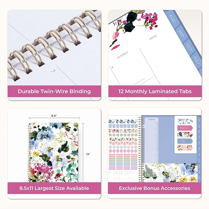 Blue Sky Kelly Ventura 2026-2027 Weekly and Monthly Academic Year Student Planning Calendar, July 2026 - June 2027, 8.5" x 11", Flexible Cover, Wirebound, Laminated Tabs, Storage Pocket, Magnetic & Snap In Book Marks, Includes Stickers, Blooming