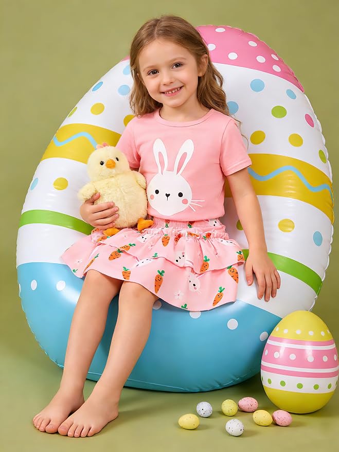 Little Girls Skirt Set - 2 Piece Short Sleeve Top Shirred Tiered Skirt Outfit Girls Spring Summer Clothes 3-8 Years