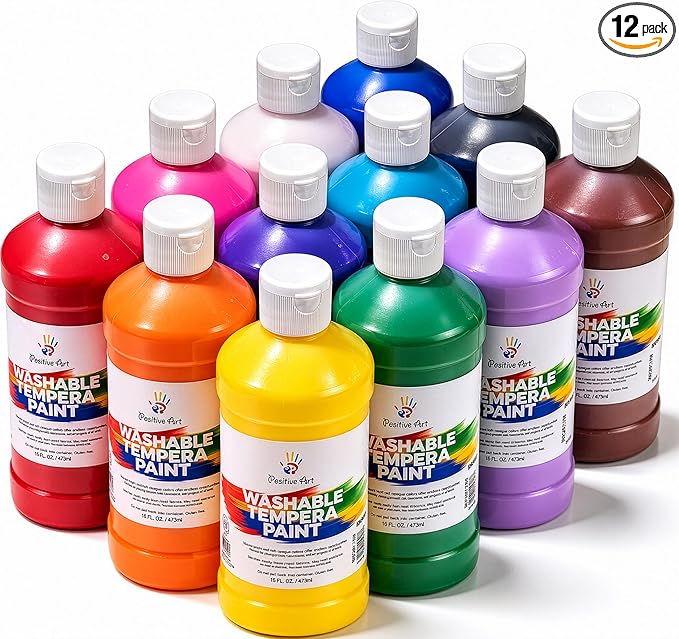 Positive Art Washable Paint for Kids, 12 Colors, 16 oz Bottles, Non-Toxic Tempera Paint Set for School and Classroom, Paraben-Free