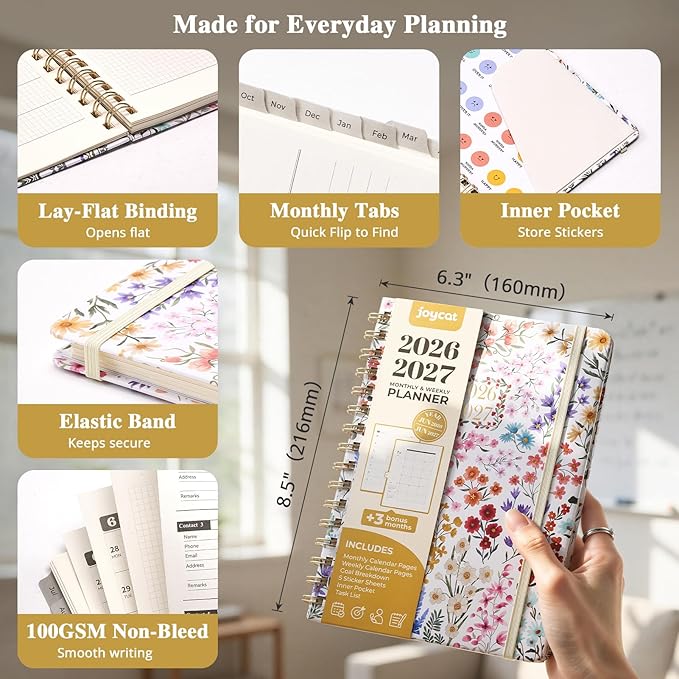 JoyCat 13-Month Academic Planner 2026-2027, June 2026 - June 2027, A5 Weekly & Monthly Planner, Hardcover Agenda with Tabs, 5 Sticker Sheets, Elastic Closure & Pocket for Teachers & Students, 6.3" x 8.5", Wildflower