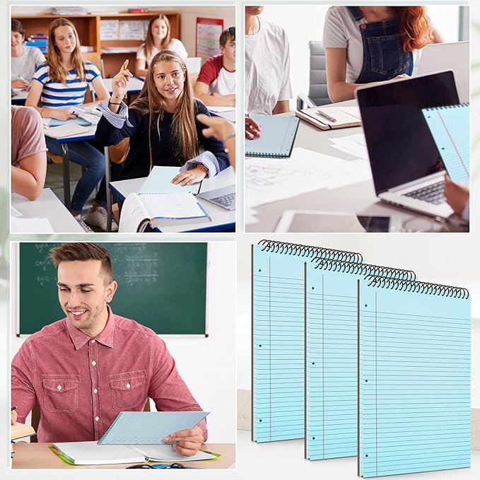MotiMind 3 Pack 8.5" x 11" Top Spiral Notebook with 3 Hole Punched Blue Legal Pads College Ruled Notepad 50 Sheets Hard Cardboard Paper Wirebound Notepad for Office School Business