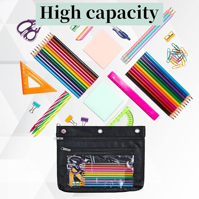 YoeeJob 2 Pack Expandable Pencil Pouches for 3 Ring Binders, Black | 1-inch expansion, 2 clear PVC pockets, 3 holes, large-capacity storage for school and office supplies.