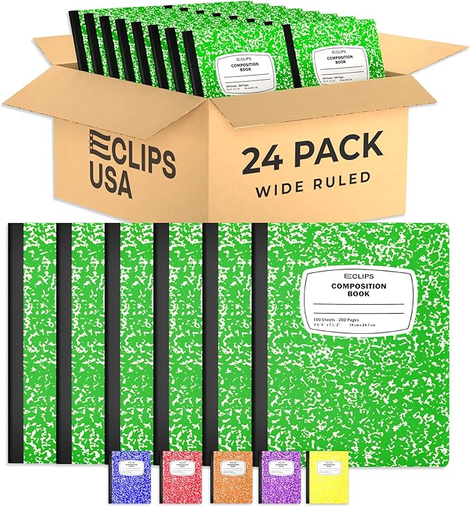 Composition Notebook Wide Ruled Composition Notebooks Bulk Green Marble Hard Cover Wide Ruled Notebook Paper Note Books For Schools Marble Composition Books 100 Sheets 200 Pages 9.75” x 7.25” (24 Pack, Green)