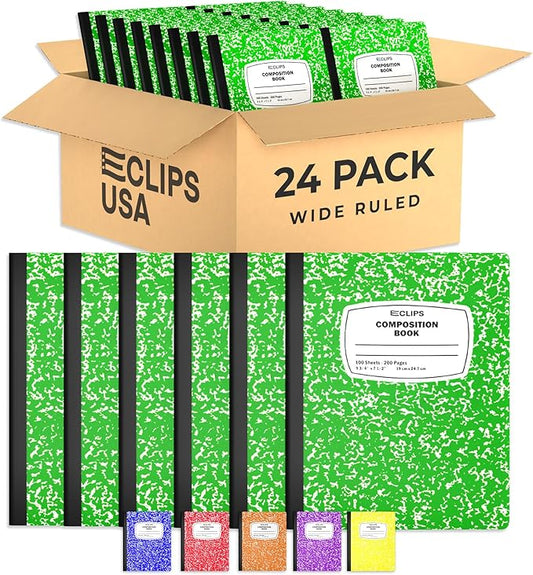 Composition Notebook Wide Ruled Composition Notebooks Bulk Green Marble Hard Cover Wide Ruled Notebook Paper Note Books For Schools Marble Composition Books 100 Sheets 200 Pages 9.75” x 7.25” (24 Pack, Green)