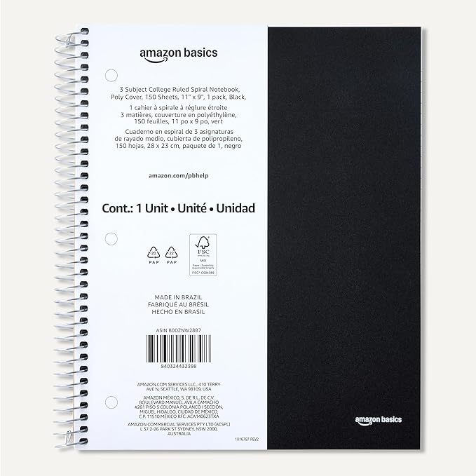 Amazon Basics College-Ruled 3-Subject Spiral Notebook, 150 Sheets, 8.5 x 11 inches, Black