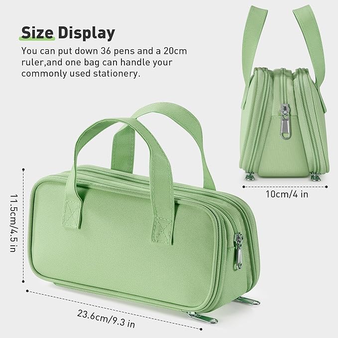 Zannaki Large Pencil Case, Big Capacity Pencil Pouch Pen Bag with 3 Compartment, Portable Canvas Stationery Organizer with Zipper, Cute Aesthetic School Supplies for Teen Girls Boys College,Green