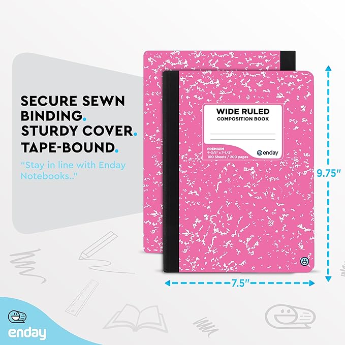 Composition Notebooks Wide Ruled Paper, Colored Marble Composition Notebook Covers, 100 Sheets (200 pages) Composition Books, Marble Notebooks Wide Ruled For School, Pink -Grey -Green – by Enday