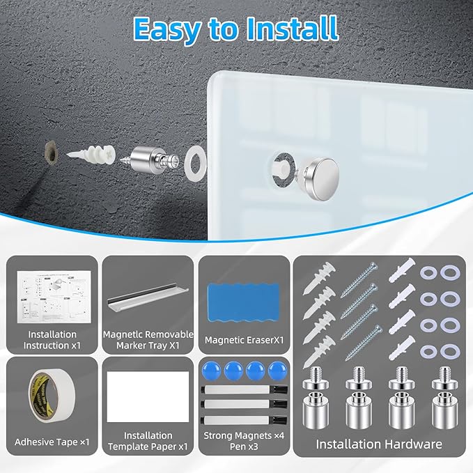 Magnetic Glass Dry Erase Board 36x24 Inch, Frameless Tempered Glass Whiteboard, Wall Mounted White Writing Board for Multiple Uses