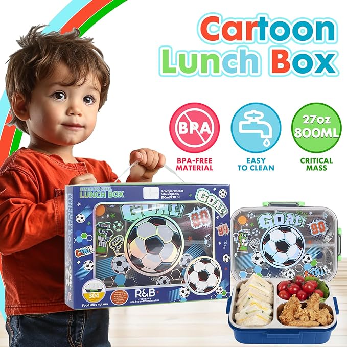 Stainless Steel Bento Lunch Box for Kids, 800ml/27oz BPA-Free Leak-Proof Food Containers with 3 Compartments, Freezer & Dishwasher Safe, Back to School Students Lunches Size for Ages 3-7