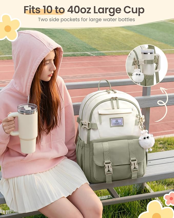 LOVEVOOK School Backpack for Teen Girls, Bookbag for 8-16 Student, Middle High College Back to School Cute Kids Backpack, 15.6 Inch, Green-beige