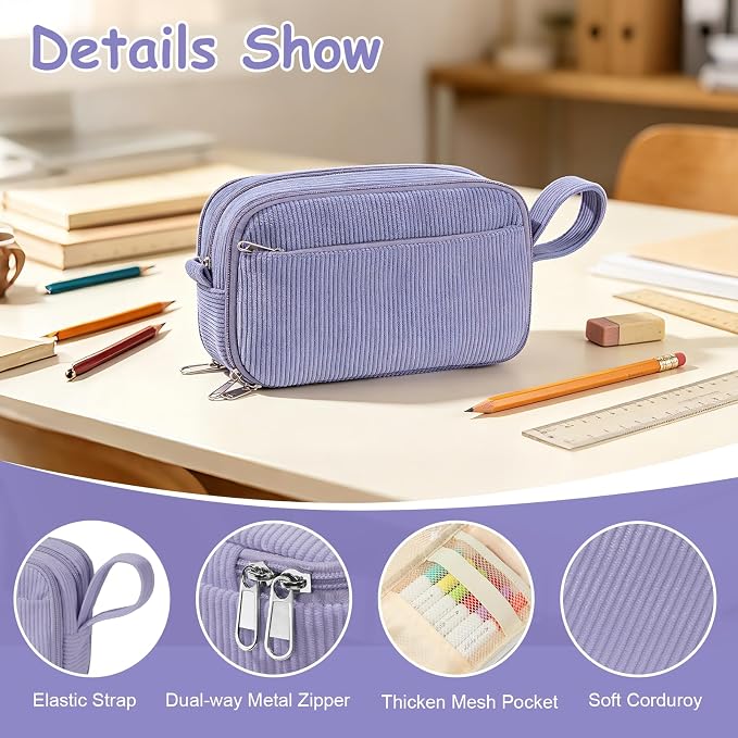 BuyCard Purple Large Capacity Corduroy Pencil Case, Casual Style, Cute Pencil Bag, Kawaii Stationery Storage and Organizer, Graduation Gift Office Stationery Storage Pen Pouch for Classroom Teacher