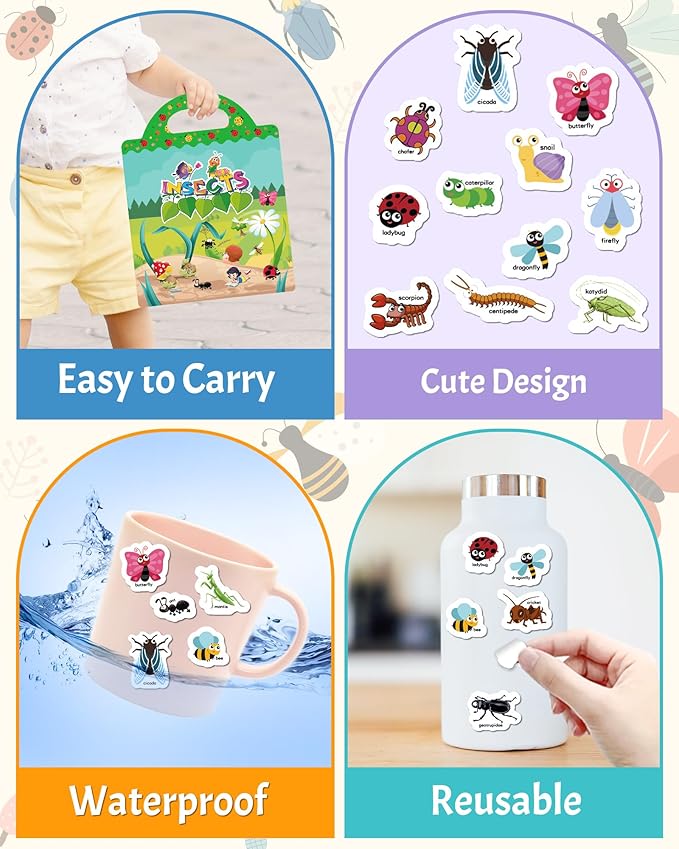 Benresive Reusable Sticker Book for Toddlers, Travel Stickers for Kids, Toddler Crafts Activities Toys, Birthday Gifts for Boys & Girls - Insect