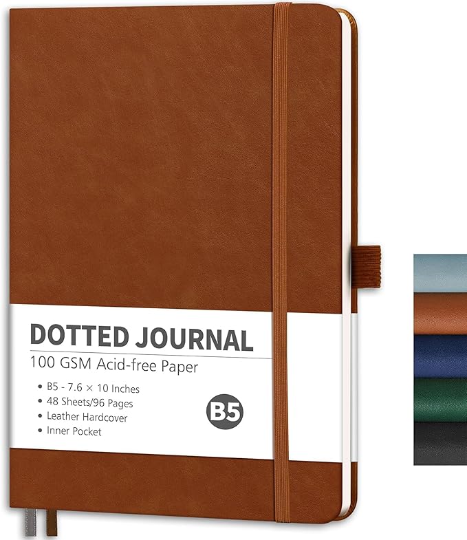 RETTACY Dotted Journal Notebook, 96 Pages, B5 Medium Size (7.6'' x 10''), Leather Hardcover, 100 GSM Thick Paper, for Journaling, Planning, Tracking (Brown)