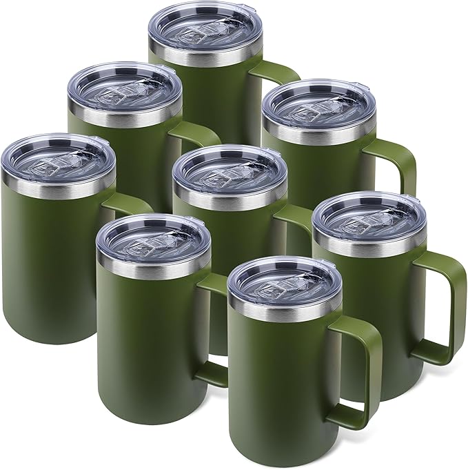 22oz Insulated Coffee Mug with Handle & Leak-Proof Lid - Double Wall Stainless Steel Travel Tumbler Bulk for Commute/Office/Home, Army Green, 8 Pack