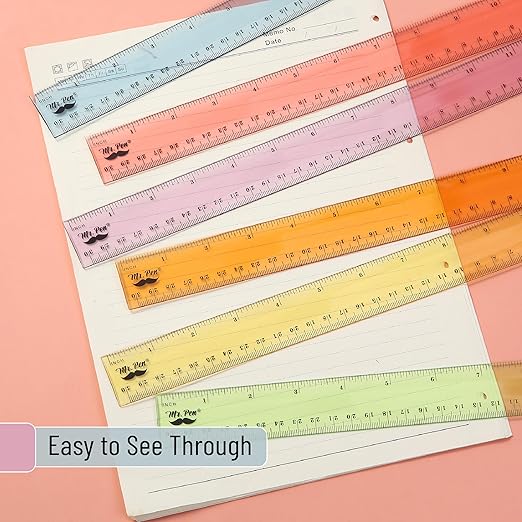 Mr. Pen- Plastic Ruler Set, 6 Pack, 12 Inch, Pastel Colors, Easy-to-Read Markings, Scratch-Resistant Design, Durable Transparent Rulers for Crafting Office & School, School Supplies