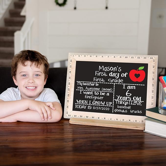 First Day of School Sign (15"x11.5"), Real Wooden Ruler Frame, Reusable Chalkboard- Easy-to-Clean, Handmade in USA by Bloom Owl, Perfect for Back to School, First Day of Kindergarten or Preschool