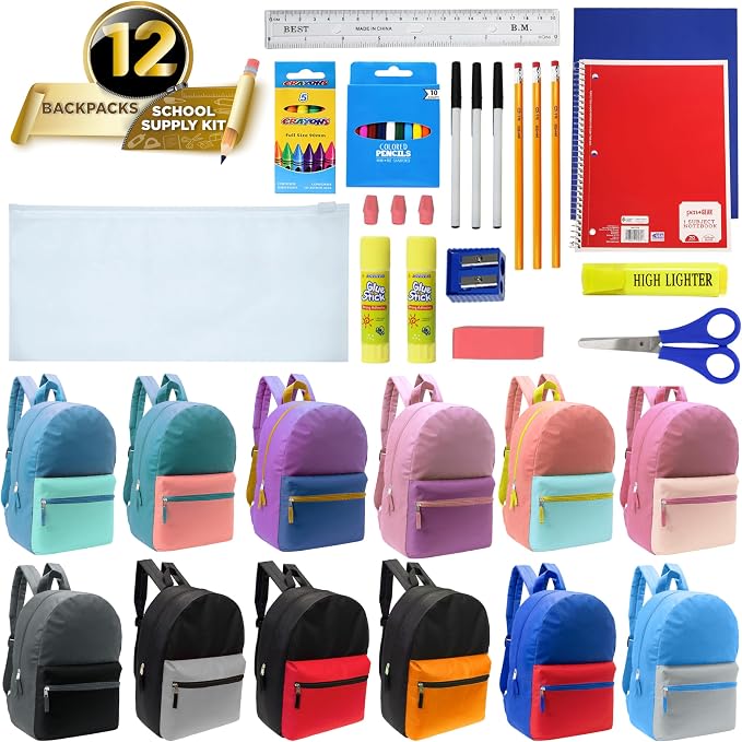 Moda West 17 Inch Bulk Backpacks with 34 Piece School Supply Kit - Case of 12 Wholesale Backpacks in Assorted Colors 6 Boy 6 Girl