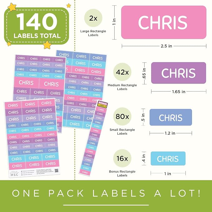 Personalized Daycare Name Washable Labels for Kids, (140 Pack) Waterproof Custom Name Stickers for Clothing Tags, Lunch Boxes and School Supplies, Made in USA by MSC -Pastel