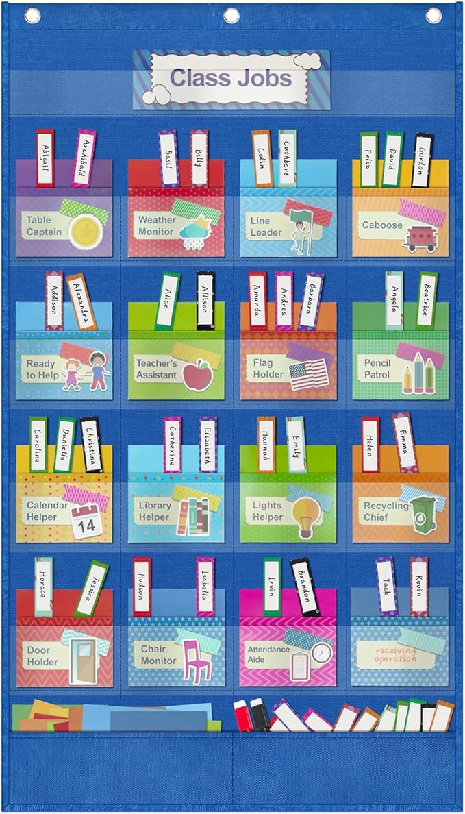 Grekos Class Jobs Pocket Chart, Management Educational Pocket Chart Teacher's Helper with 78 Cards Pockets Must Have for Kindergarten Preschool Elementary Classroom Decor (Blue)