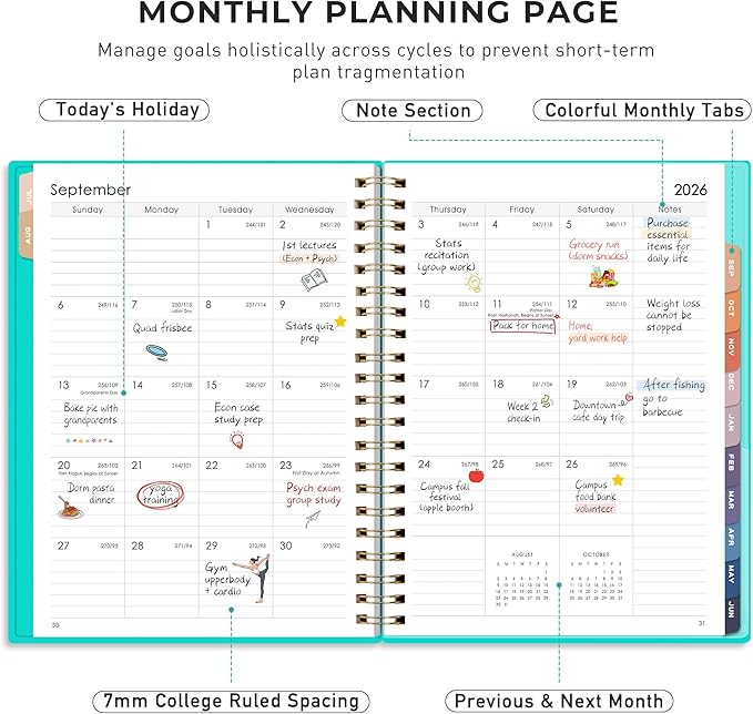 RETTACY Academic Planner 2026-2027, Weekly and Monthly, July 2026 - June 2027, Large Size (8.5" x 11"), Calendar, Agenda, 12-Month Tabs, for Student, Teacher, School (Tiffani Blue)