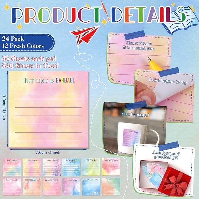 Yinder 24 Pcs Inspirational Sticky Notes Cute Motivational Sticky Notes Pad End of Year Employee Appreciation Gifts Bulk for Teacher Nurse Coworkers Office Supplies 3 x 3'' (Funny,Watercolor)