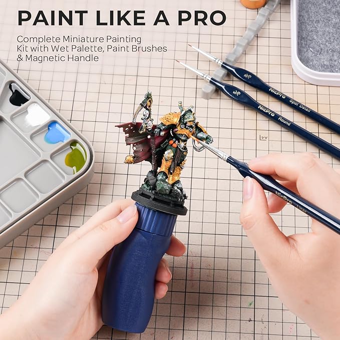 Nicpro Professional Miniature Painting Kit, with Wet Palette, Miniature Painting Handle, 16PCS Detail Paint Brushes Drybrush with Nylon Bag, Pallet Paper, Sponge, Brush Holder Mixing Paint Palette