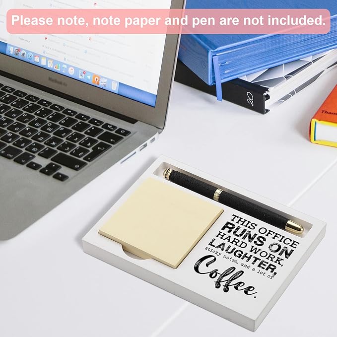 Funny Office Coffee Note Holder Organizer for Desk, White Wood Sticky Note Pad Tray with Quote, Gift for Coworker Boss Teacher Women Men, Work Desk Decor Accessories - FTB322