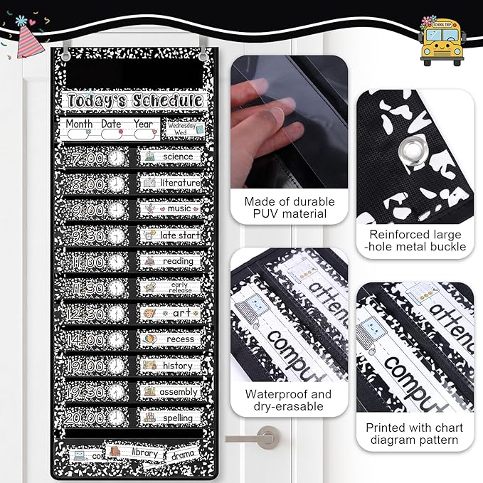 Gueevin Composition Book Daily Schedule Pocket Chart & Card Set Include 1 Hanging Chart with 24 Pockets 2 Metal Hooks 60 Schedule & Activity Cards Reusable Calendar for Kindergarten Daycare Decor