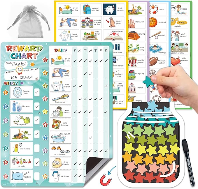JJPRO Magnetic Reward Chart for Kids with Reward Jar- Behavior Reward Chart System, Toddlers Daily Routine,Weekly Chore Chart,96 Reusable Stickers& 45 Star Tokens to Motivate Responsibility-Blue