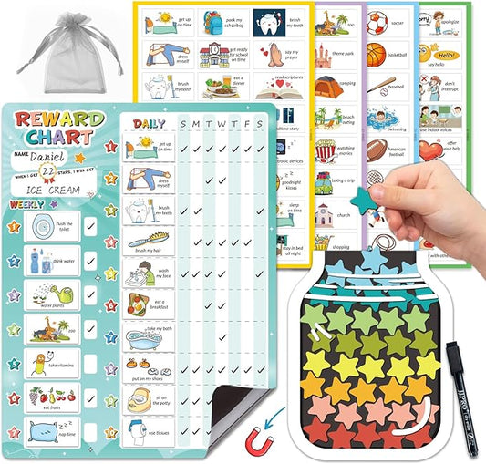 JJPRO Magnetic Reward Chart for Kids with Reward Jar- Behavior Reward Chart System, Toddlers Daily Routine,Weekly Chore Chart,96 Reusable Stickers& 45 Star Tokens to Motivate Responsibility-Blue
