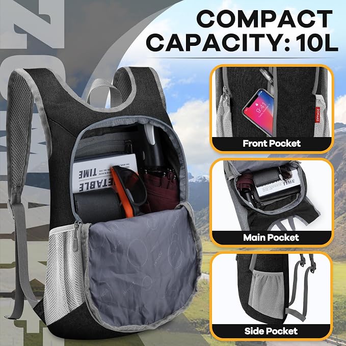 ZOMAKE 10L Ultra Lightweight Packable Backpack, Small Daypack Light Foldable Backpacks Water Resistant Day Bag for Hiking(Black) | Water Resistant Collapsible Backpacks for Women Men, Everyday Carry, Multi Compartment Storage, Adjustable Strap(Black A1)