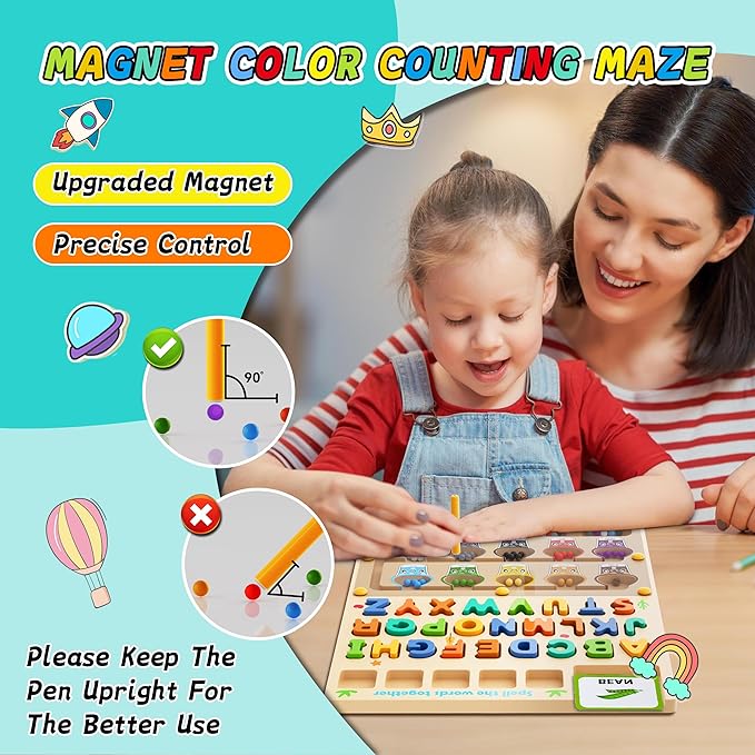 3 IN 1 Double Sided Montessori Toys- Magnetic Color and Number Maze, Toddler Wooden Alphabet Puzzles, Dry Erase Board, Preschool Learning Activities Toys for 3 4 5 6 Years Old Kids Girls Boys