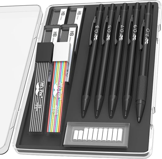 Mr. Pen- Metal Mechanical Pencil Set with Lead Refills & Erasers, 5 Pack | 5 Sizes, 0.3, 0.5, 0.7, 0.9 & 2mm, 6x Tubes HB, 2B & Colored Lead Refills for School Supplies, Note Taking, Fathers Day Gift